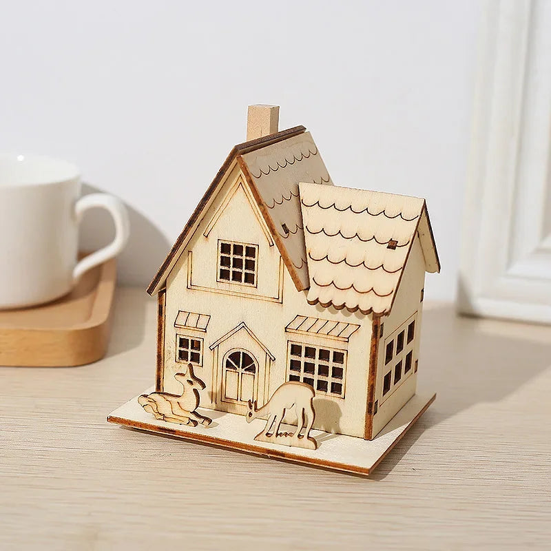 DIY Merry Christmas Decorations Mini Wooden House Luminous Cabin Christmas Tree Hanging Xmas Ornaments New Year Kids Gift