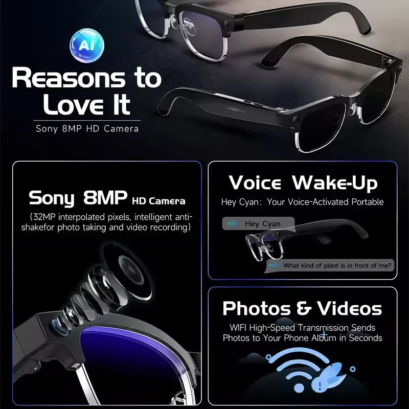 2026New AI Smart Glasses 120+Language Translation 800W Pixel Camera Video Music Player Call Business 8K Color Change Glasses Men