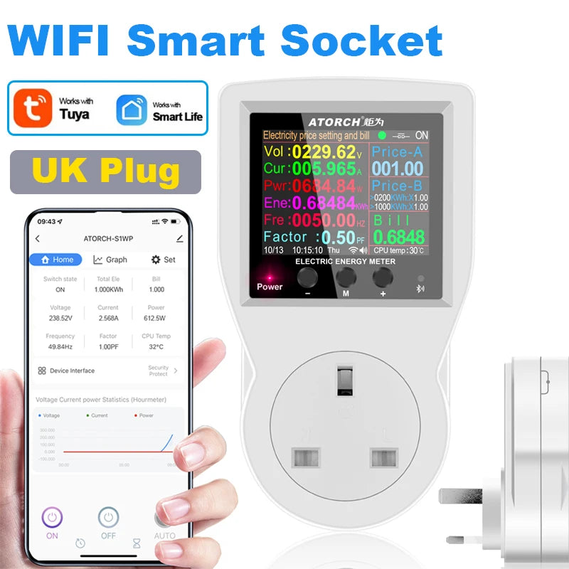 AC85-265V 16A Tuya WIFI Smart Socket Digital Wattmeter Electricity Consumption Power Kwh With Switch Power Energy Meter