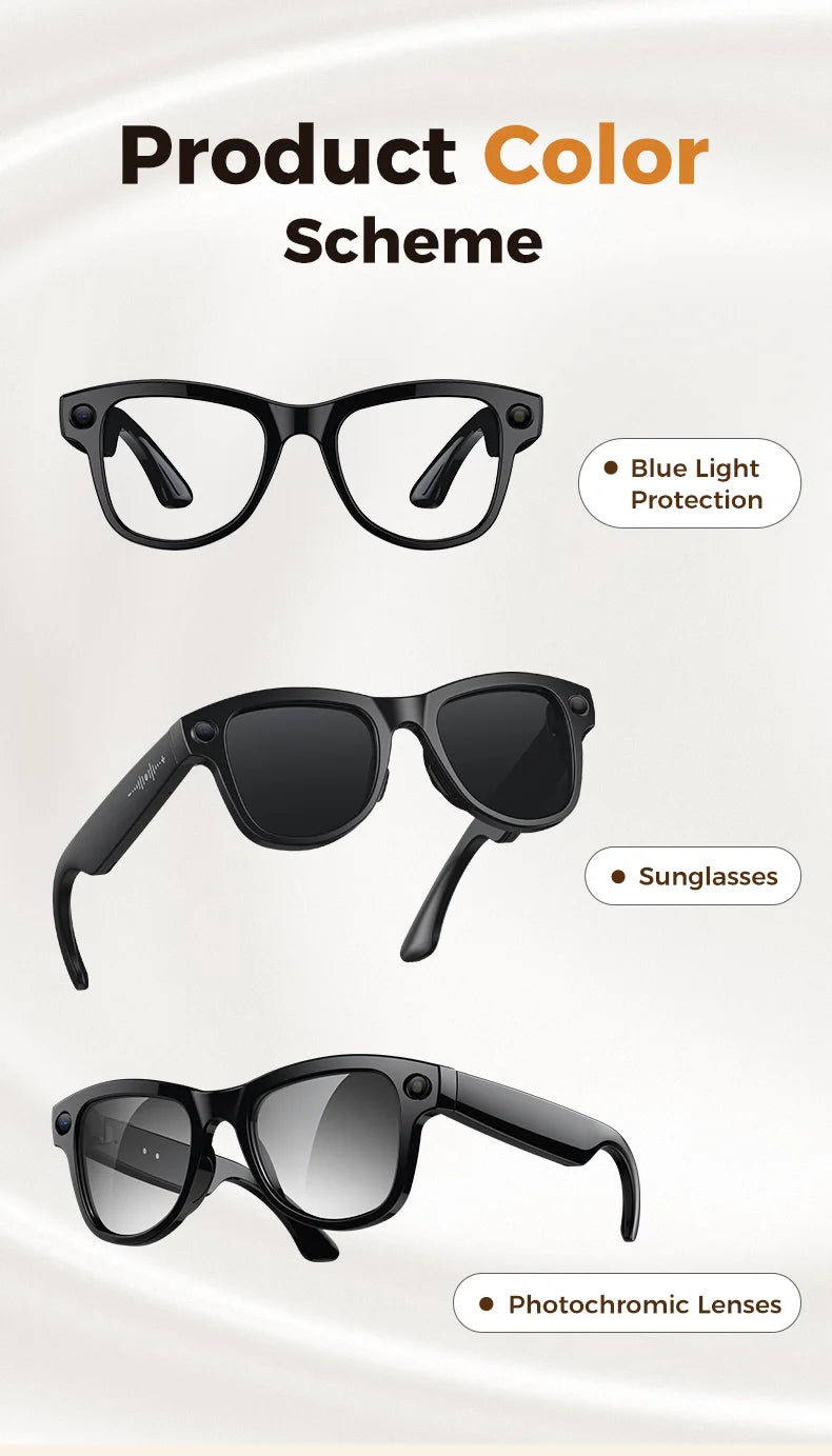 AI Smart Glasses 4KHD Camera 3600mAh Charging Case 120+Language Translation Bluetooth Call Music Sunglasses Outdoor Color Change