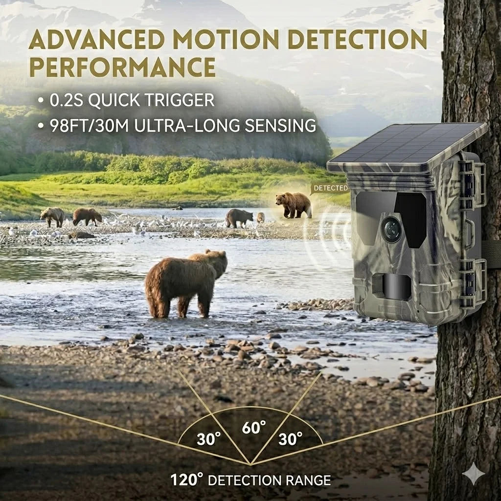 Solar Wildlife 50MP 4K Video Trail Camera with Night Vision 0.3s Motion Activated Waterproof for Outdoor Hunting Garden Monitori