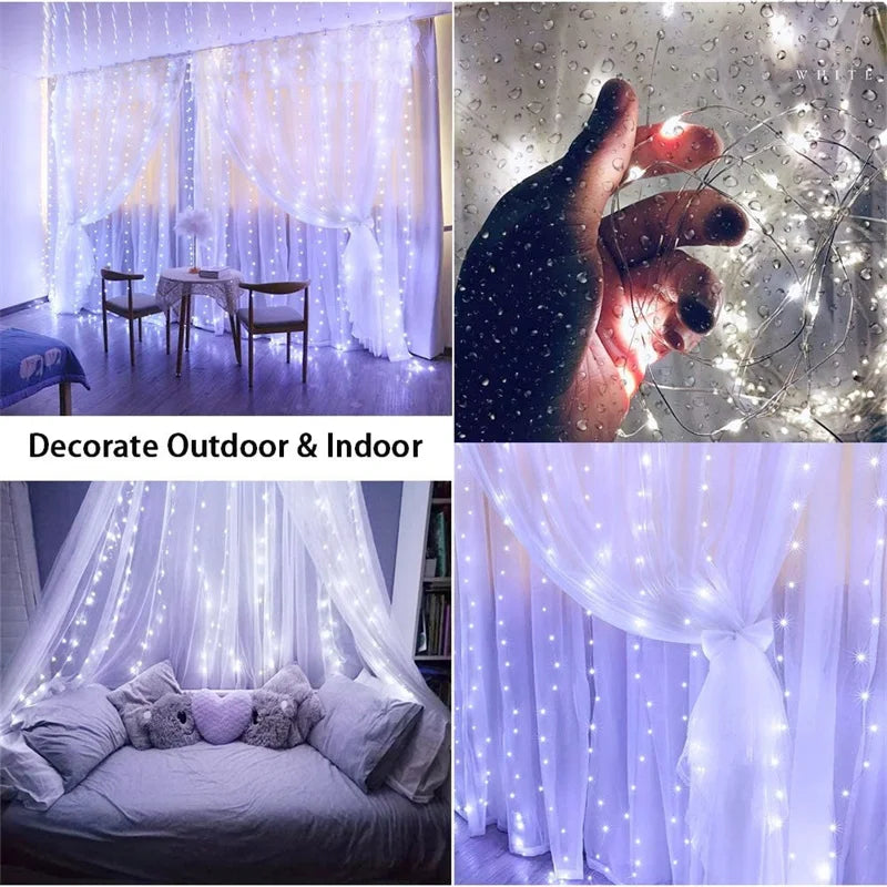 Solar LED Curtain Light Outdoor Garland Solar Fairy String Light Copper Wire Lamps for Garden Yard Wedding Party Holiday Decor