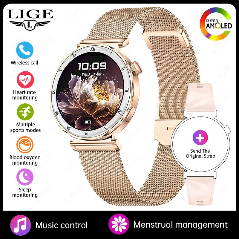 LIGE 2026 New Smartwatch Women 1.19" AMOLED Screen Always On Display Bluetooth Call Waterproof Lady Smart Watch For Android iOS