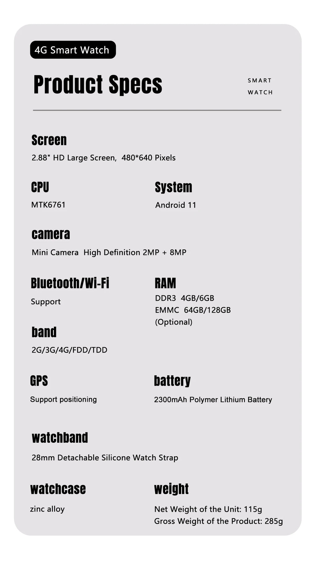 2026New 4G Sports SmartWatch S999 2.88 Inch Quad Core Android 9.0 OS Smartwatch 2300 MAh 13MP Camera 4GB/64GB Heart Rate Monitor