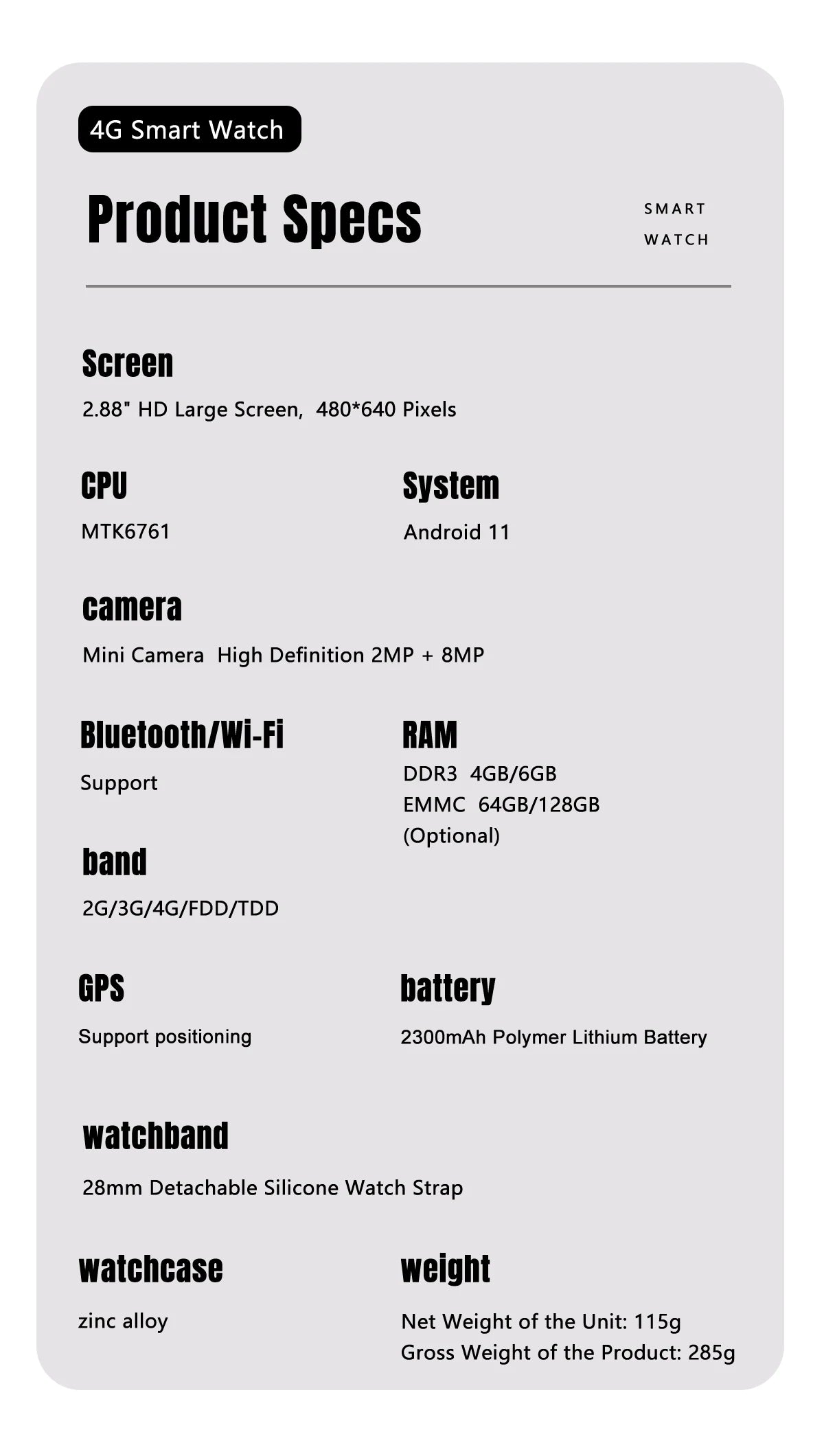 2026New 4G Sports SmartWatch S999 2.88 Inch Quad Core Android 9.0 OS Smartwatch 2300 MAh 13MP Camera 4GB/64GB Heart Rate Monitor