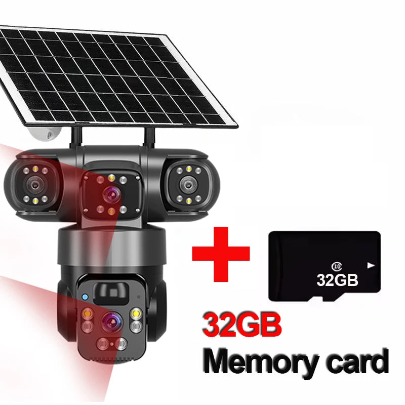 Solar Camera Outdoor Three Lens Three Screens PTZ IP Camera PIR Human Detect CCTV Security Built-in Battery 15MP 8K WIFI Camera