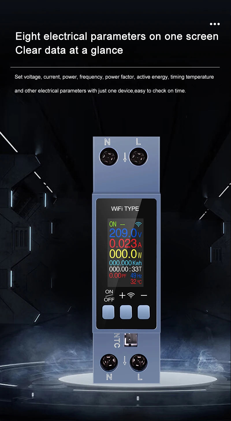 Tuya WiFi 8 In1 Smart Circuit Breaker Power Meter AC 85-290V Smart Switch Energy Meter APP Control with LCD Voltage Protection