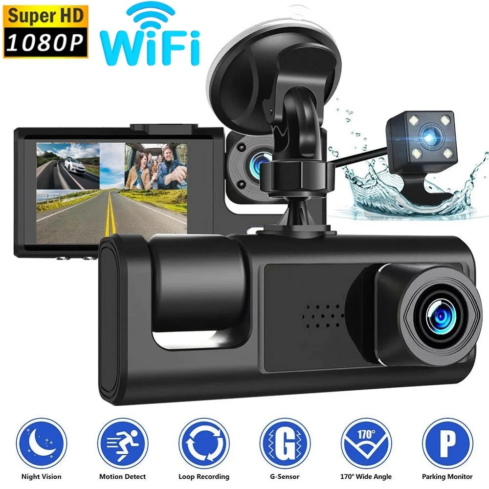 HONGTONG 2 Inch 3 Lens Car Dash Cam 1080P HD Night Vision Front Inside Rear Recording with WiFi