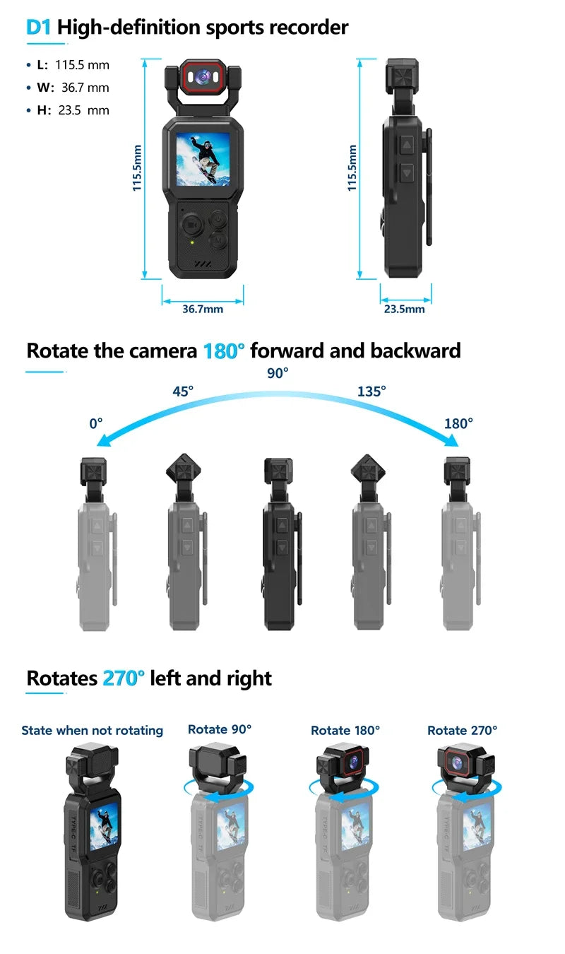 Lenovo 2026 New 1080P HD Action Camera with Screen Wi-Fi Rotating Lens Night Shooting Flash Portable Handheld Vlog Recorder