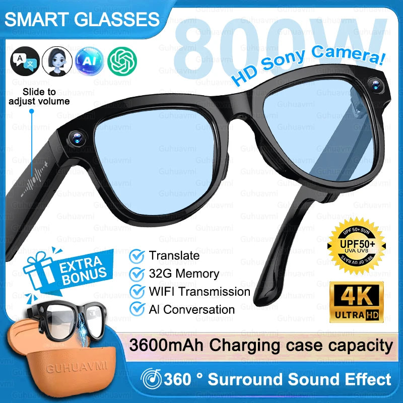 AI Smart Glasses 4KHD Camera 3600mAh Charging Case 120+Language Translation Bluetooth Call Music Sunglasses Outdoor Color Change