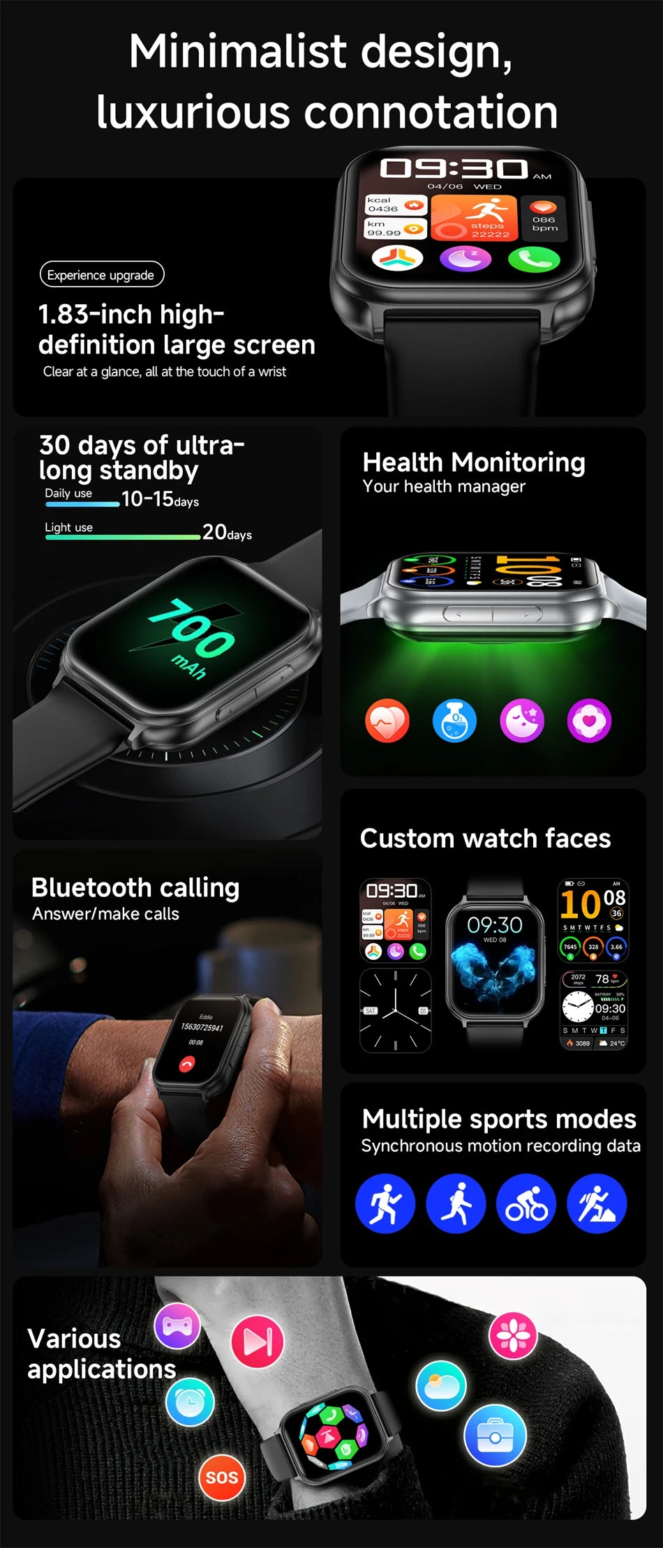 2026 New Smartwatches Men Women Sports Fitness Tracker IP68 Waterproof Built-in 24H Heart Rate 700 mAh Battery Call Smart Watch