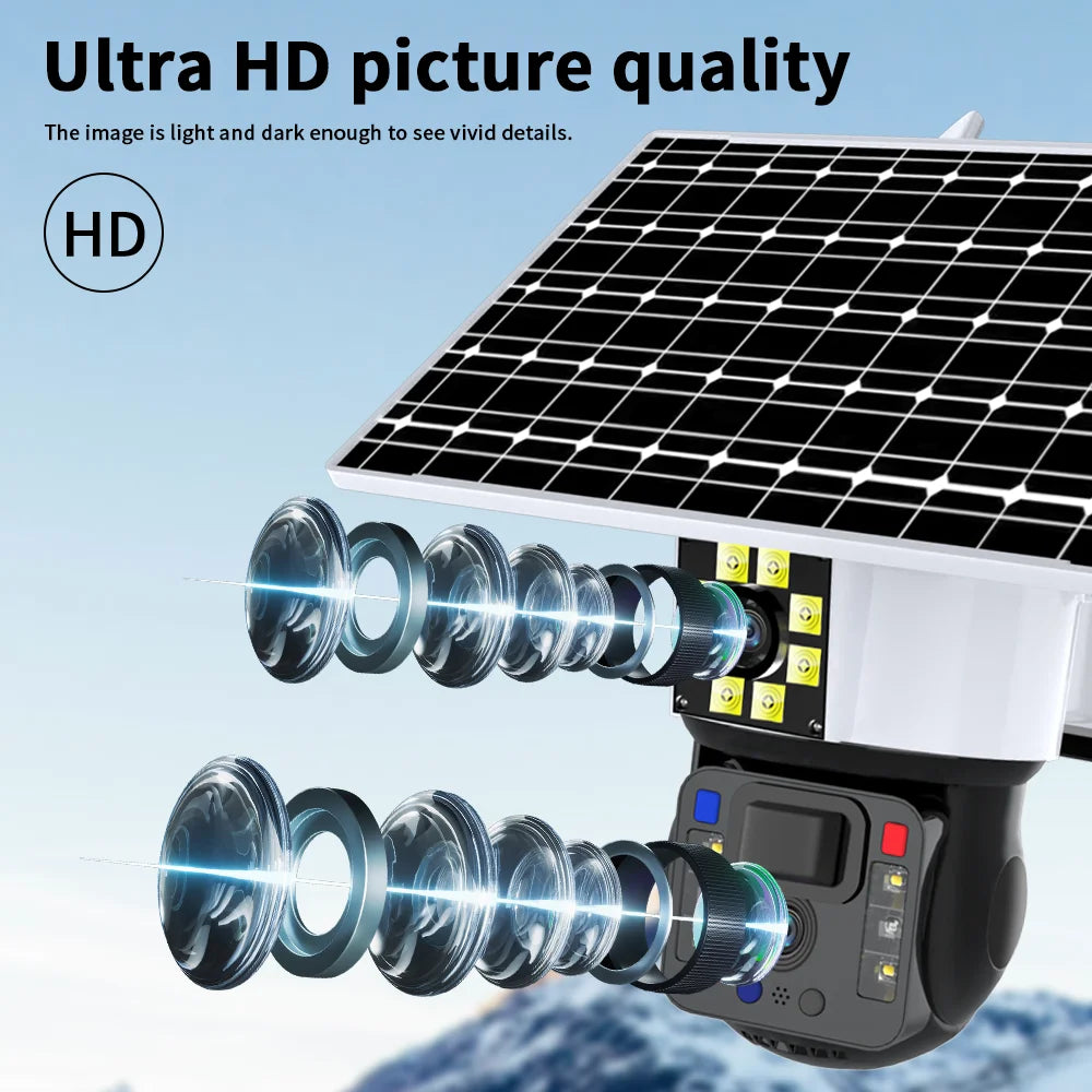 8MP 4K WiFi Solar Camera Outdoor Dual Lens Dual Screen Gimbal IP Camera With Solar Panel Rechargeable AI Motion Detection