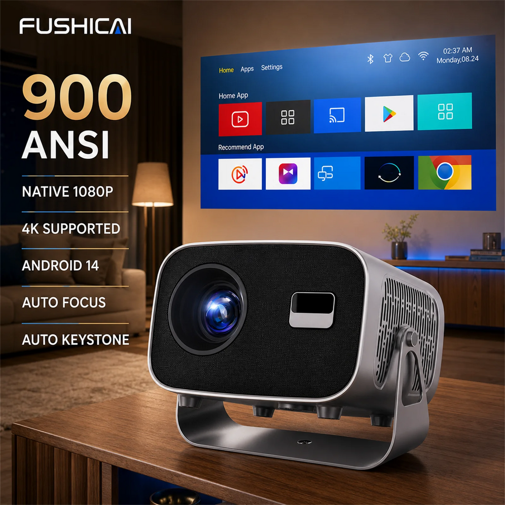 FUSHCAI Outdoor Projector A10 Portable Mini Projector with 360° Rotation 900 ANSI Native 1080P 4K Compatible Auto Focus BT 5.4