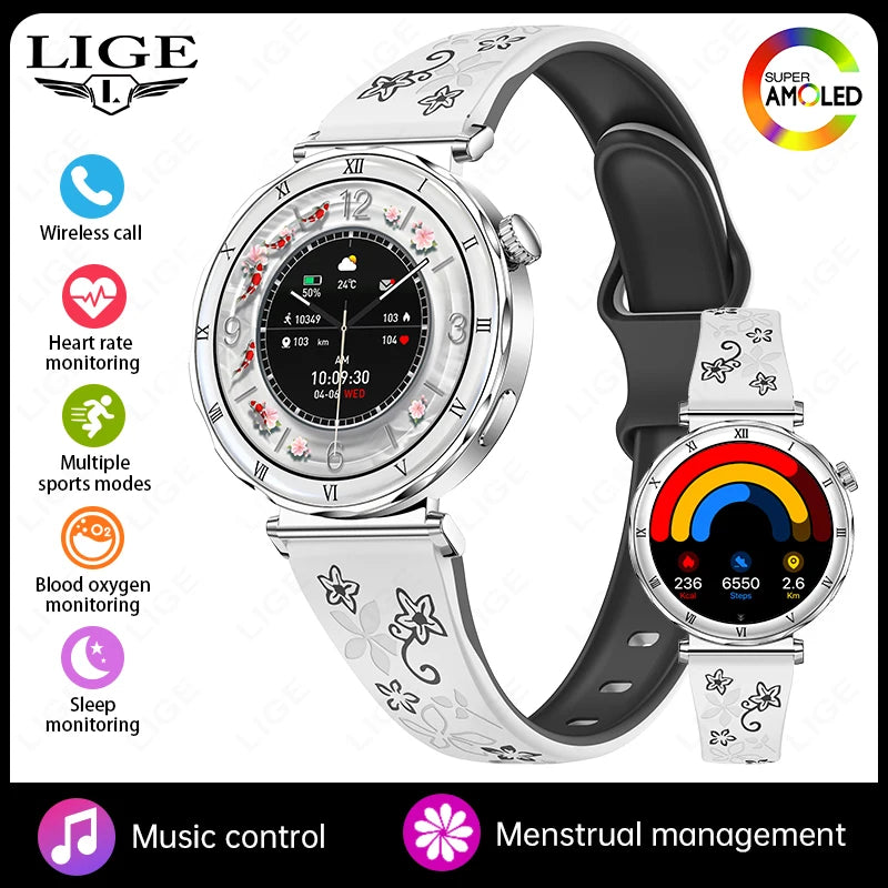 LIGE 2026 New Smartwatch Women 1.19" AMOLED Screen Always On Display Bluetooth Call Waterproof Lady Smart Watch For Android iOS