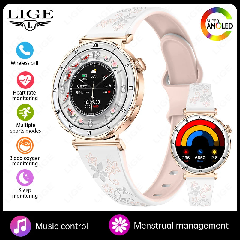 LIGE 2026 New Smartwatch Women 1.19" AMOLED Screen Always On Display Bluetooth Call Waterproof Lady Smart Watch For Android iOS