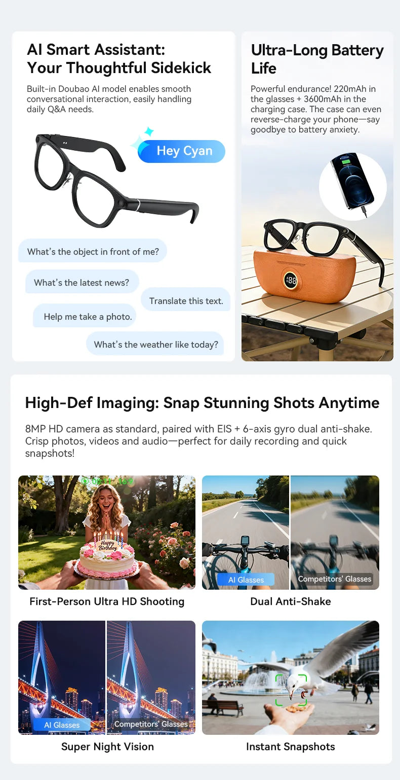 AI Smart Audio image Glasses, 3600mAh Charging Case, Hands-Free Call, Open-Ear Headphones, for Driving, Running, Daily Use