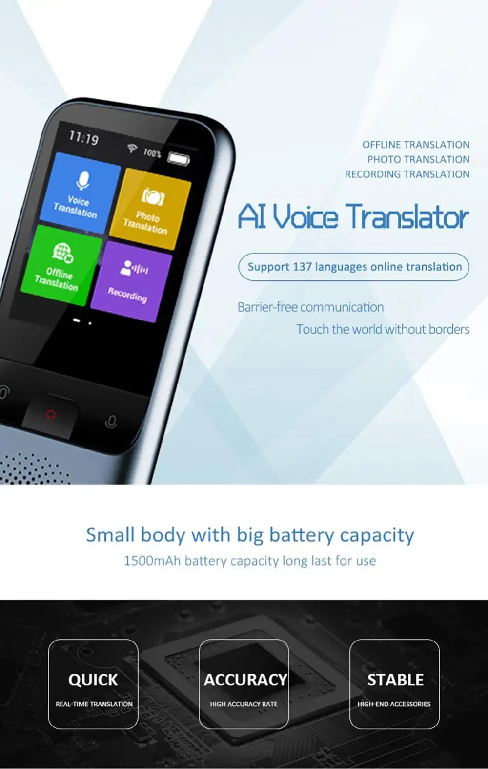 Portable T11 Smart Voice Translator, Supports 137 Languages, Real-Time Multilingual Speech Interaction, Offline Translation Devi