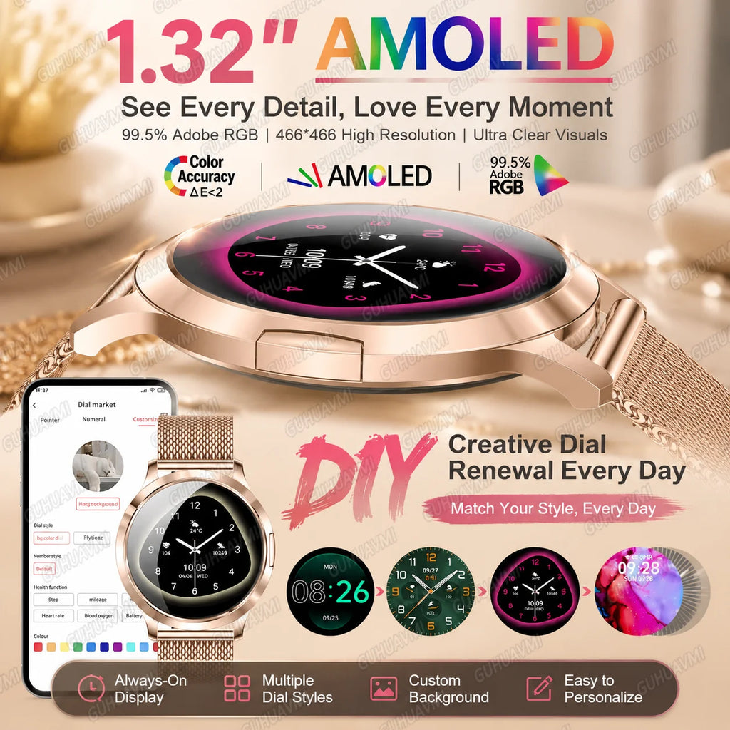 2026 New Smart Watch For Women 1.32" AMOLED Display Answer Make Call Message Health Sport Watch Ladies' Gift Music Digital Clock