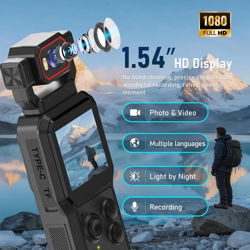 Lenovo 2026 New 1080P HD Action Camera with Screen Wi-Fi Rotating Lens Night Shooting Flash Portable Handheld Vlog Recorder