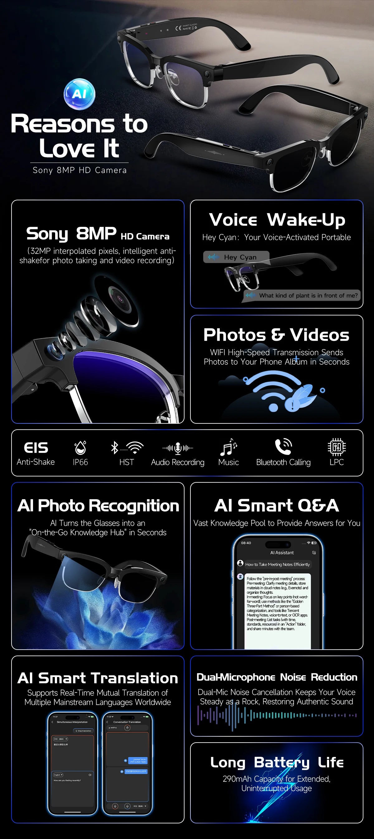 2026 New AI Smart Glasses 800W HD Camera Glasses Photo Recognition Video Record Translation Call Waterproof Sunglasses Men Women