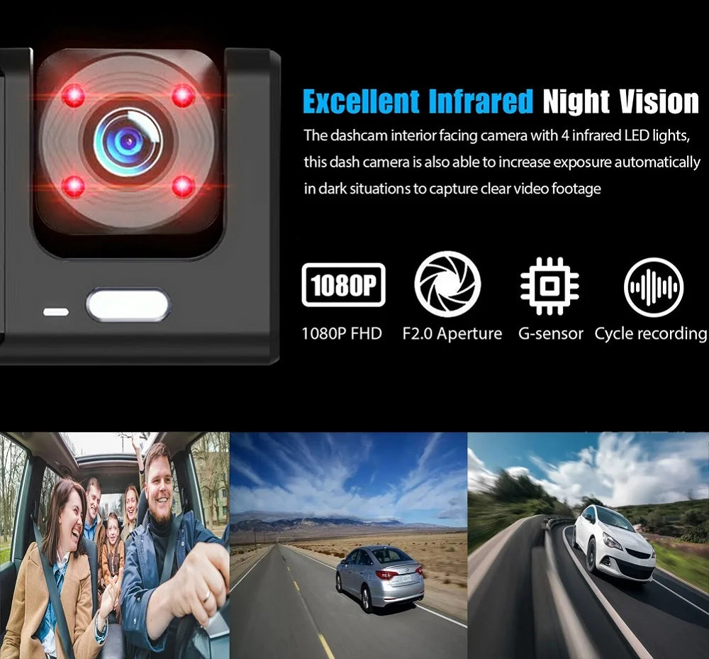 HONGTONG 2 Inch 3 Lens Car Dash Cam 1080P HD Night Vision Front Inside Rear Recording with WiFi