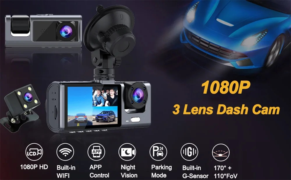 HONGTONG 2 Inch 3 Lens Car Dash Cam 1080P HD Night Vision Front Inside Rear Recording with WiFi