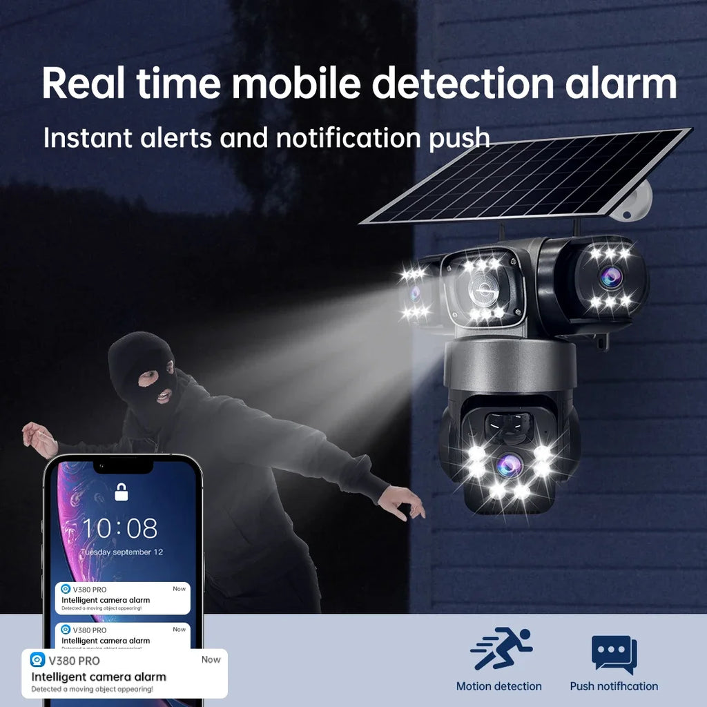15MP 8K Wifi IP Camera Solar Outdoor Waterproof Three Lenses Camera HD Low Power Battery PIR Night Vision CCTV Security Cam