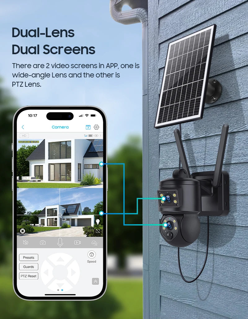 6MP Ubox APP Solar Power Dual Lens WIFI IP Camera Full Color AI Humanoid Detection Home Security CCTV Monitor