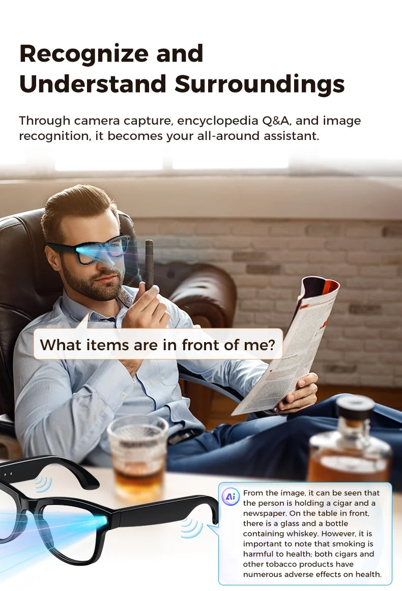 AI Smart Glasses 4KHD Camera 3600mAh Charging Case 120+Language Translation Bluetooth Call Music Sunglasses Outdoor Color Change