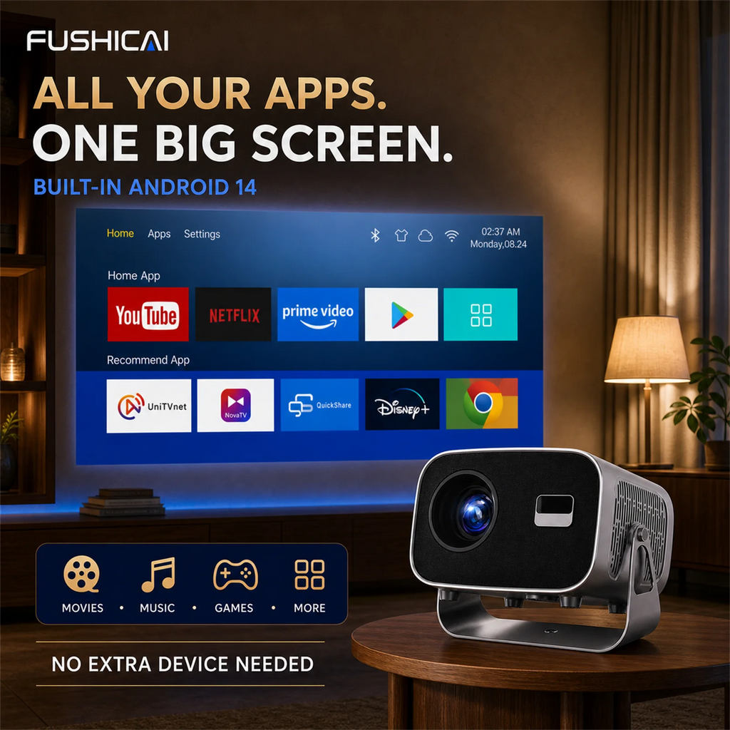 FUSHCAI Outdoor Projector A10 Portable Mini Projector with 360° Rotation 900 ANSI Native 1080P 4K Compatible Auto Focus BT 5.4