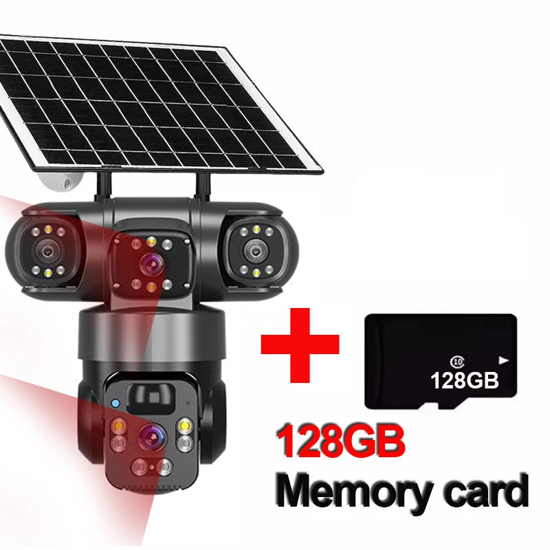 Solar Camera Outdoor Three Lens Three Screens PTZ IP Camera PIR Human Detect CCTV Security Built-in Battery 15MP 8K WIFI Camera