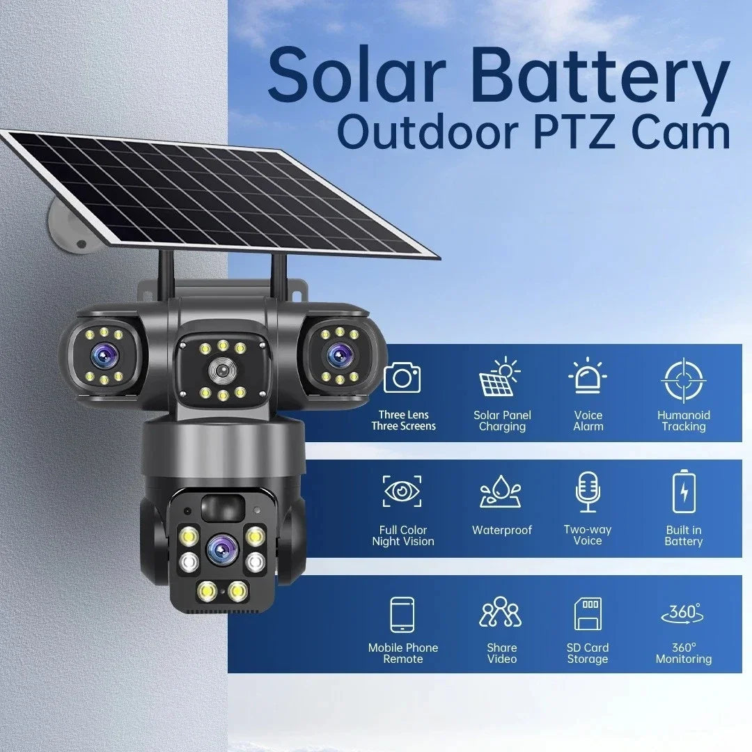 15MP 8K Wifi IP Camera Solar Outdoor Waterproof Three Lenses Camera HD Low Power Battery PIR Night Vision CCTV Security Cam