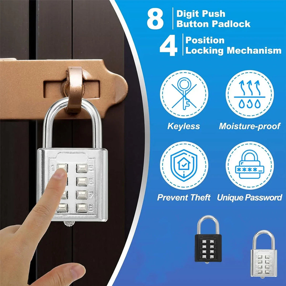 8 Digit Padlock Outdoor Waterproof Combination Zinc Alloy Travel Luggage Lock with Key for Suitcase Backpack Anti-Theft