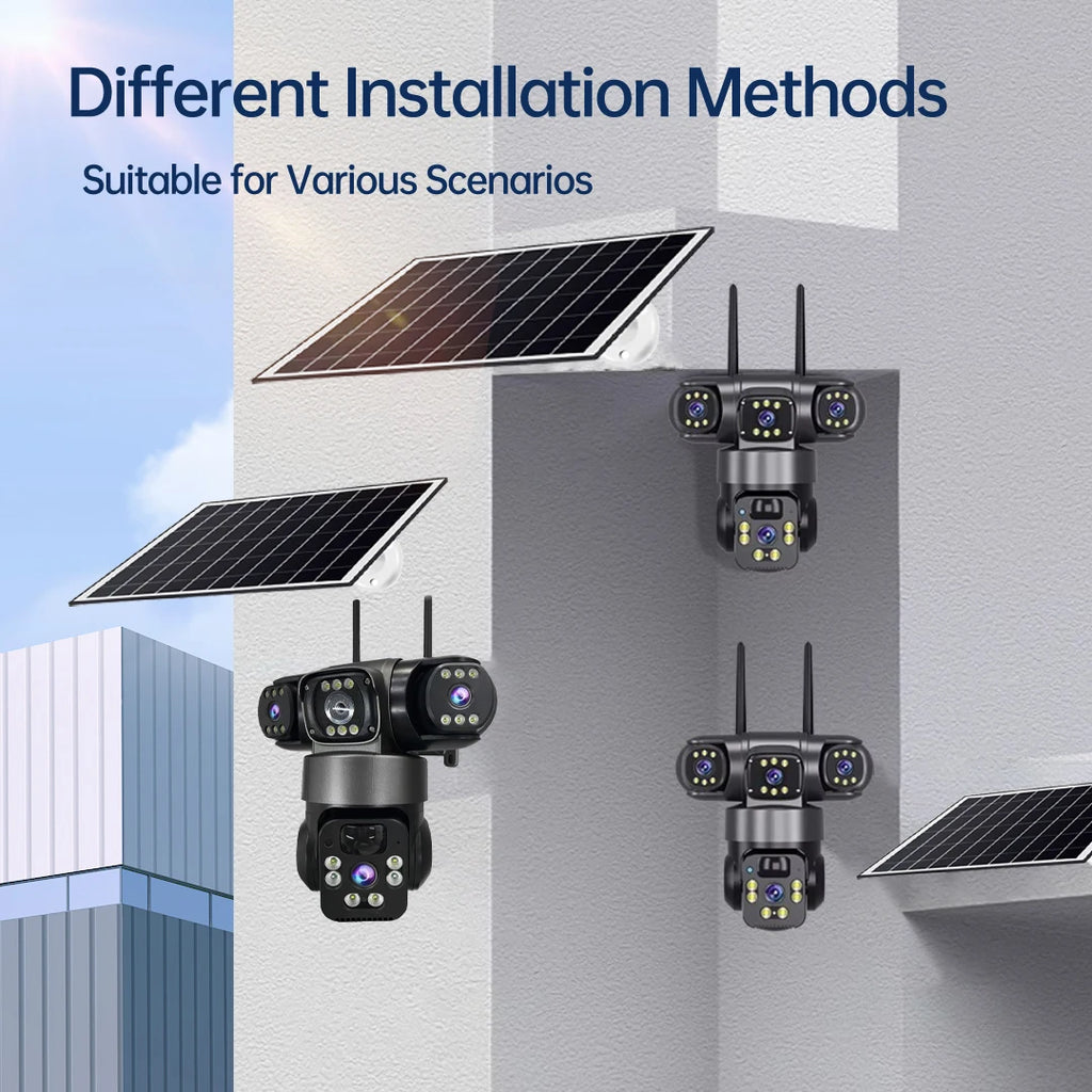 Solar Camera Outdoor Three Lens Three Screens PTZ IP Camera PIR Human Detect CCTV Security Built-in Battery 15MP 8K WIFI Camera