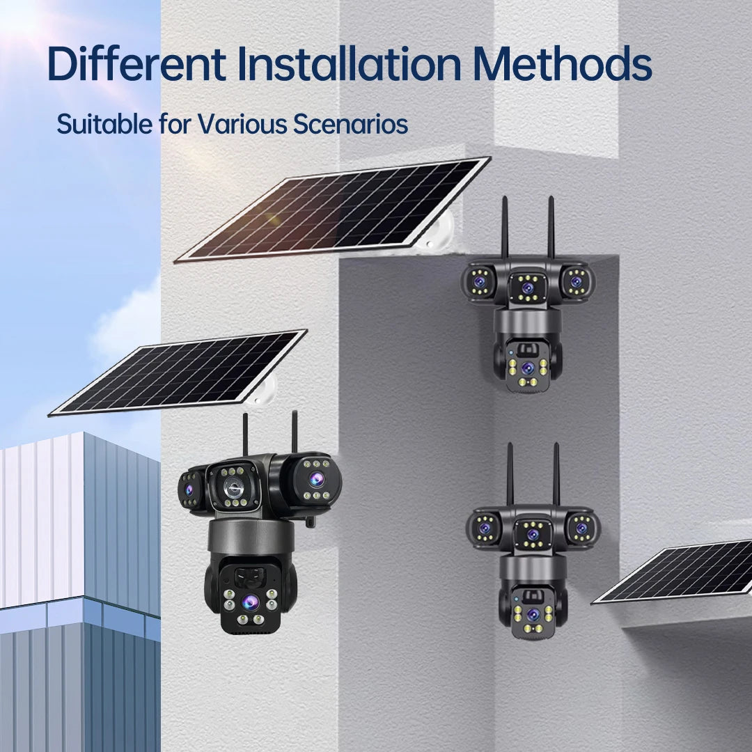Solar Camera Outdoor Three Lens Three Screens PTZ IP Camera PIR Human Detect CCTV Security Built-in Battery 15MP 8K WIFI Camera