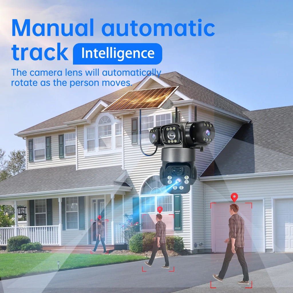 Solar Camera Outdoor Three Lens Three Screens PTZ IP Camera PIR Human Detect CCTV Security Built-in Battery 15MP 8K WIFI Camera