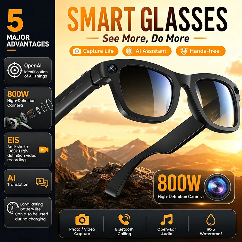 2026 New Smart AI Glasses with AI Translation 800W HD Camera EIS Stabilization 1080P Video Recording and WiFi Transmission