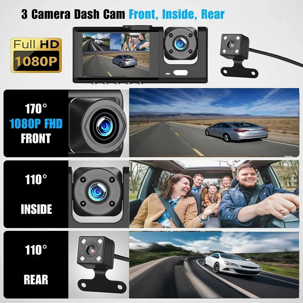 HONGTONG 2 Inch 3 Lens Car Dash Cam 1080P HD Night Vision Front Inside Rear Recording with WiFi
