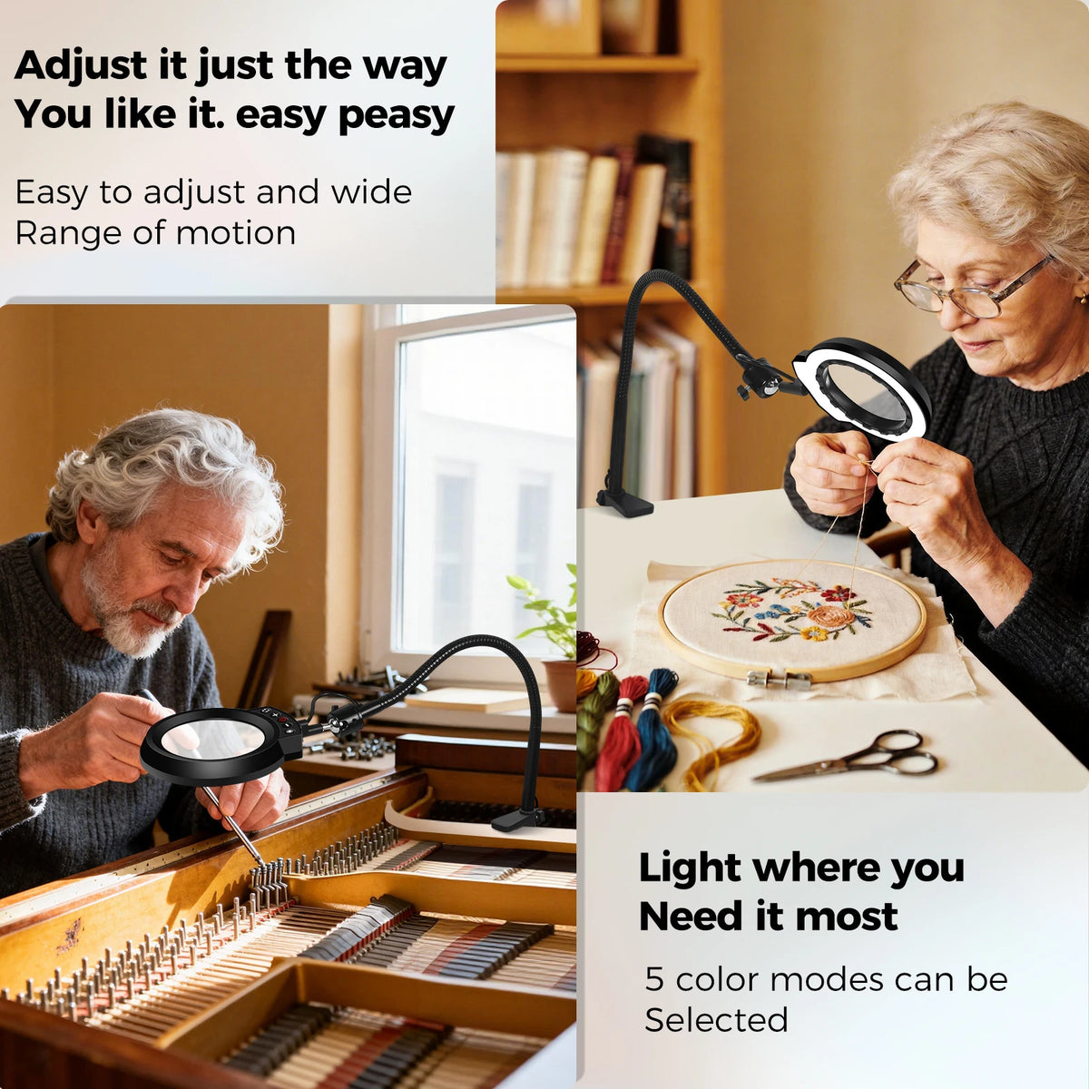5X Magnifying Glass with Light 5 Color Modes Dimmable Lighted Magnifying Lamp Glass for Reading, Close Work, Hobbies, Crafts