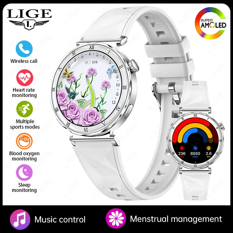 LIGE 2026 New Smartwatch Women 1.19" AMOLED Screen Always On Display Bluetooth Call Waterproof Lady Smart Watch For Android iOS