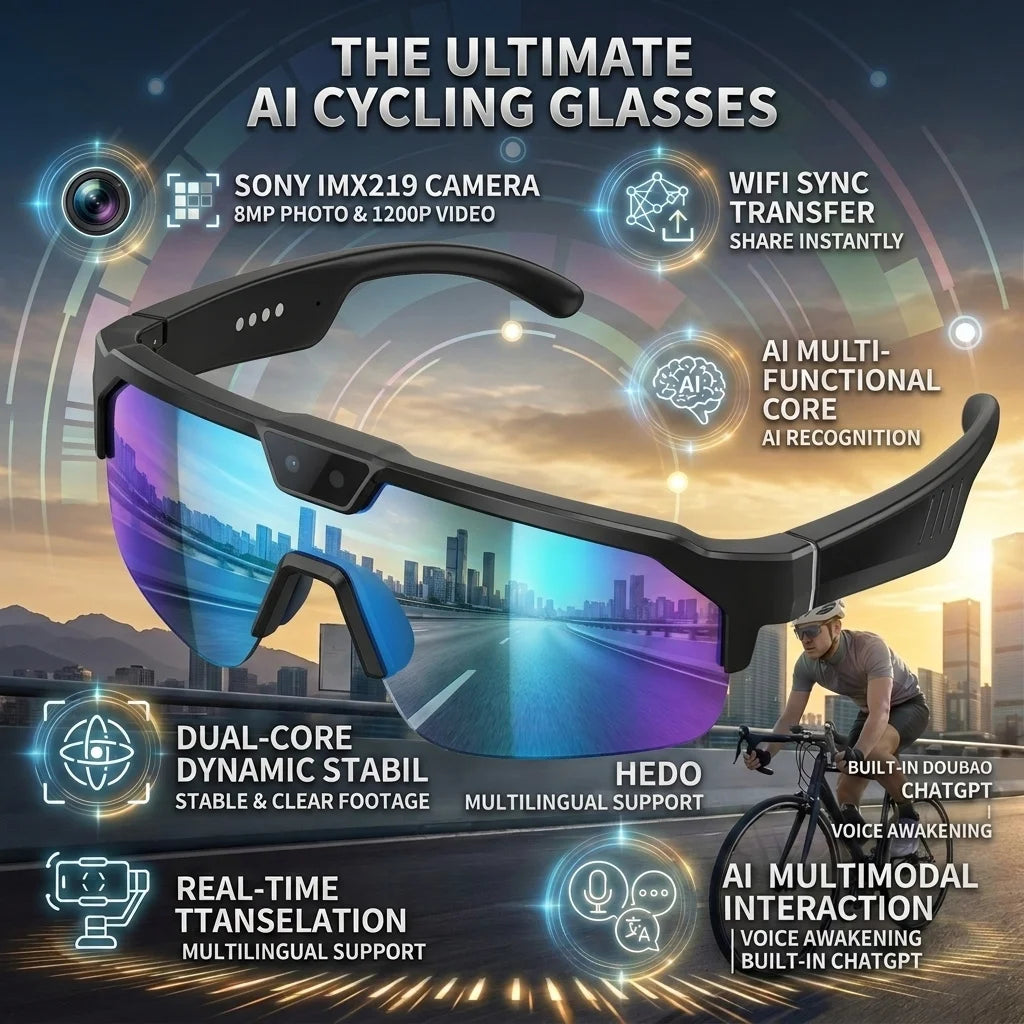 2026 New 1200P Camera Smart Glasses Men 8MP Pixel Anti-shake Video Cycling Goggles ChatGPT Translation Dual Mic Audio Sunglasses
