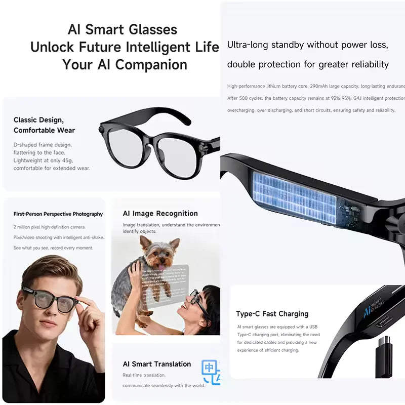 M89-S AI Smart Glasses Equipped with High-Definition 1080P Camera Translation AI Voice Assistant Music Playback and LED Lighting