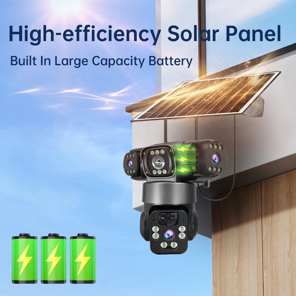 Solar Camera Outdoor Three Lens Three Screens PTZ IP Camera PIR Human Detect CCTV Security Built-in Battery 15MP 8K WIFI Camera