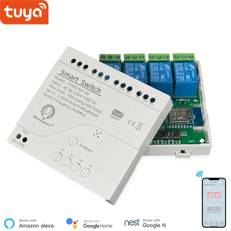Tuya 4 Channel Smart WiFi 85-250V Switch, APP RF433 Remote Control ,Bluetooth, Inching ,Self-lock ,Inter-lock,Works with Alexa