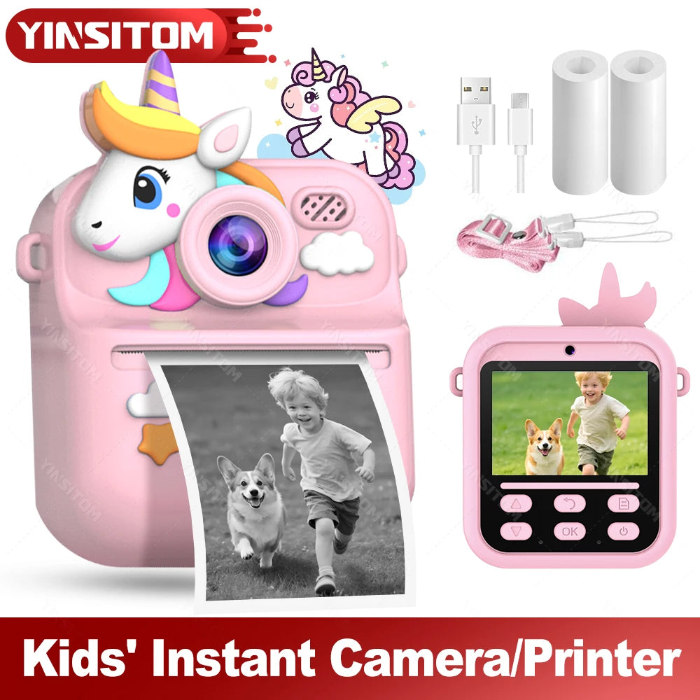 57mm Mini Thermal Printer Children Digital Photography Print Instant Camera 1080PHD Dual Lens Kids Video Recorder for Girls Boys