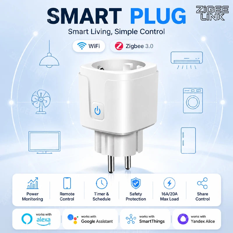 WiFi Zigbee3.0 EU Smart Plug Wireless Remote Control Outlet Real-Time Energy Data Monitor Timing Compatible Tuya Smart Life