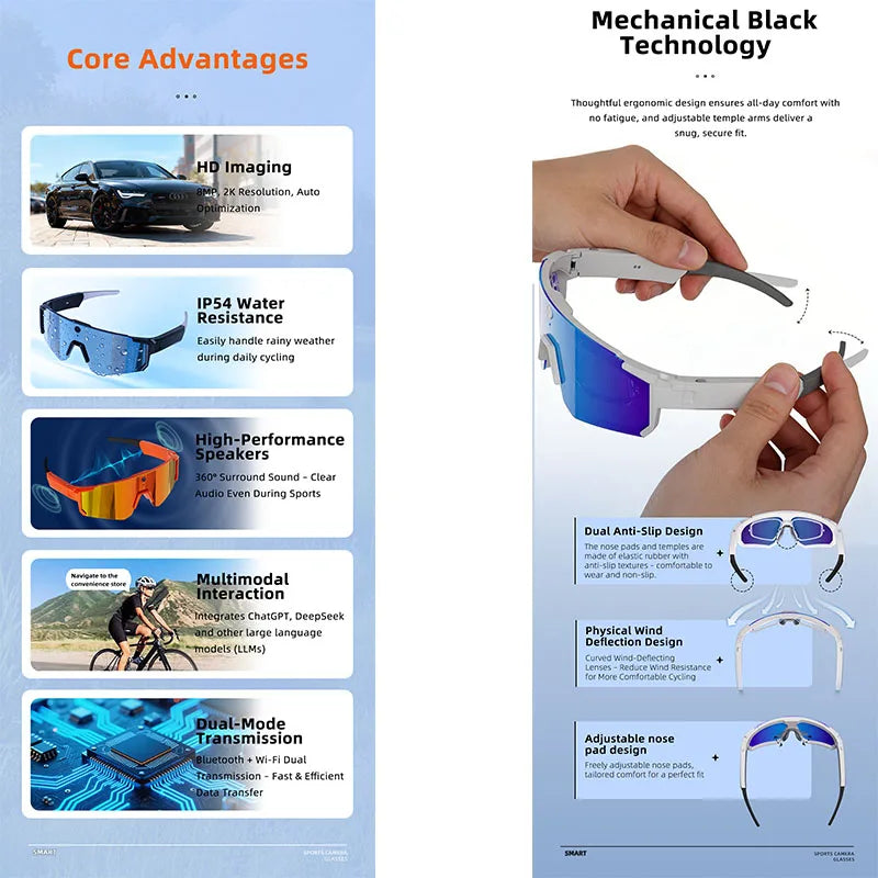 2026 New AI Smart Glasses 800W Camera HD Anti-shake Bicycle Riding Shooting&recording IP54 Water & Dust Translation Smartglasses