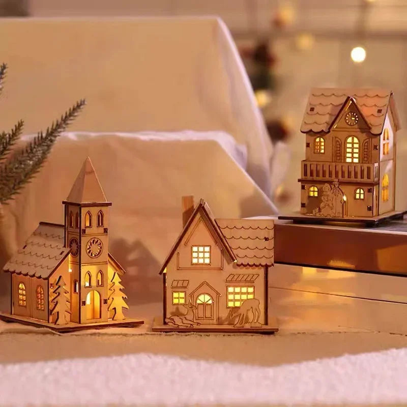 DIY Merry Christmas Decorations Mini Wooden House Luminous Cabin Christmas Tree Hanging Xmas Ornaments New Year Kids Gift