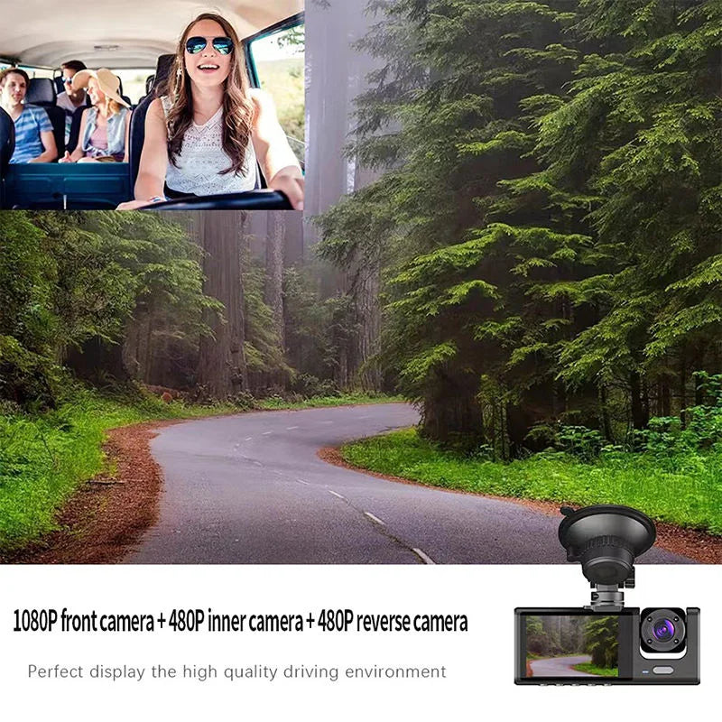 HONGTONG 2 Inch 3 Lens Car Dash Cam 1080P HD Night Vision Front Inside Rear Recording with WiFi