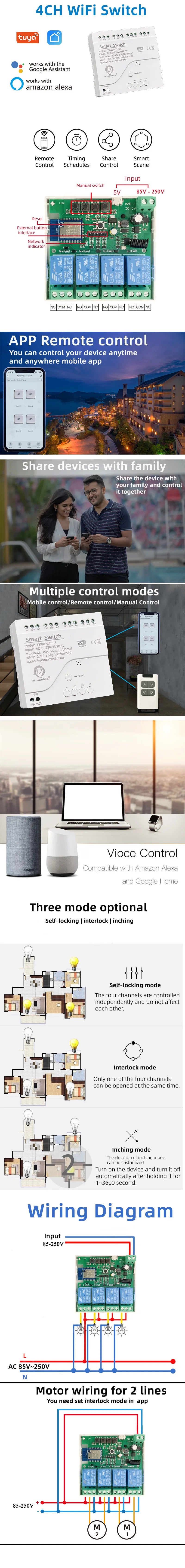 Tuya 4 Channel Smart WiFi 85-250V Switch, APP RF433 Remote Control ,Bluetooth, Inching ,Self-lock ,Inter-lock,Works with Alexa
